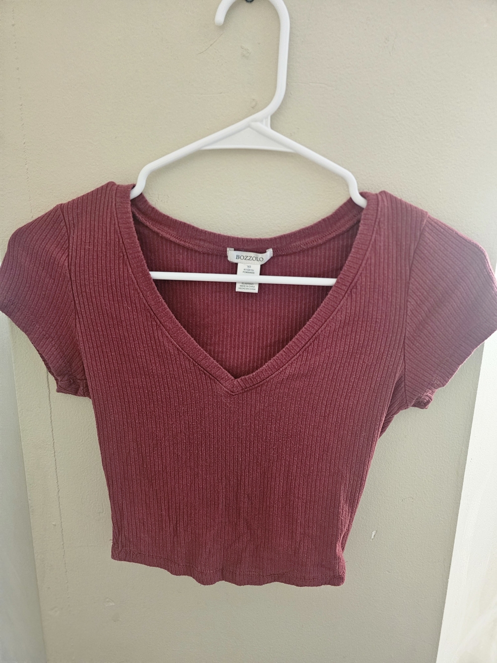 Ribbed V-Neck Crop Top in Berry